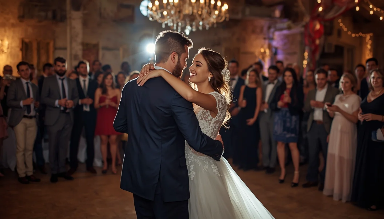 Mariés qui dansent leur ouverture de bal sous un lustre, entourés de leurs invités, DJ mariage dans le Var